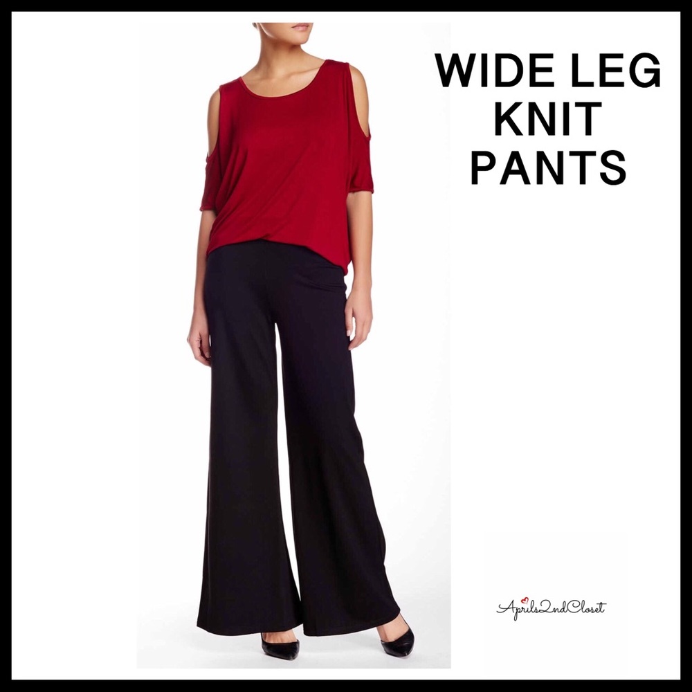BLACK WIDE LEG KNIT STRETCH PALAZZO PANTS A2C - Picture 2 of 8